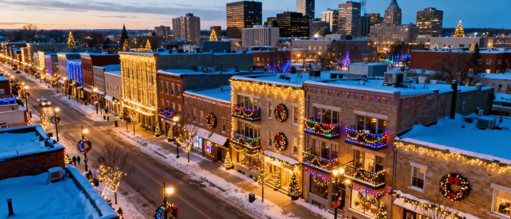 Aerial view of Verdun Montreal decorated for the holidays with festive lights, snowy parks, and riverside holiday accents.